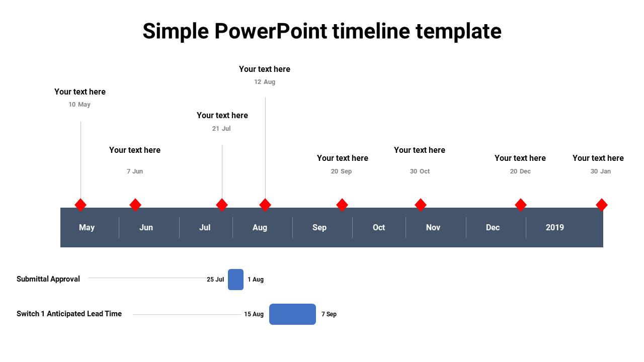 Simple timeline template with a gray horizontal bar showing months, marked with red diamonds for milestones.