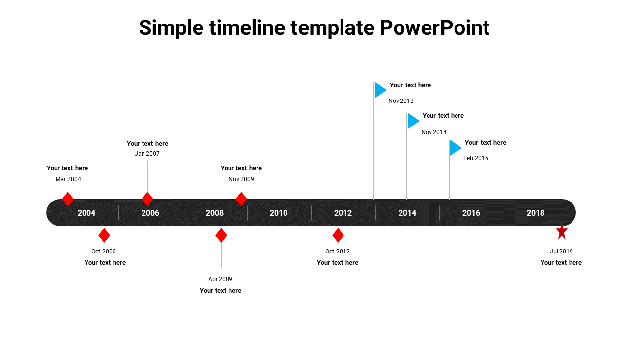 Simple timeline with milestones marked by red diamonds and blue flags, on a black horizontal line.