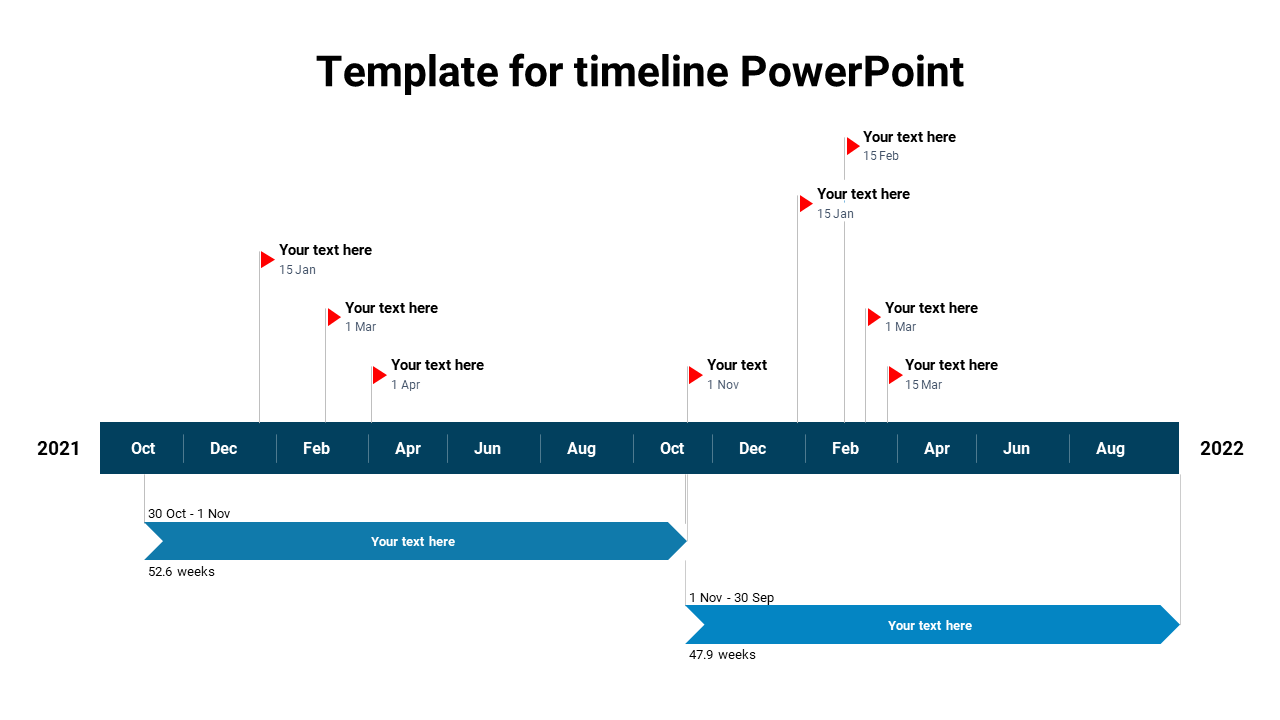 A colorful timeline PPT template with key dates and events marked from October 2021 to August 2022, with progress indicators.