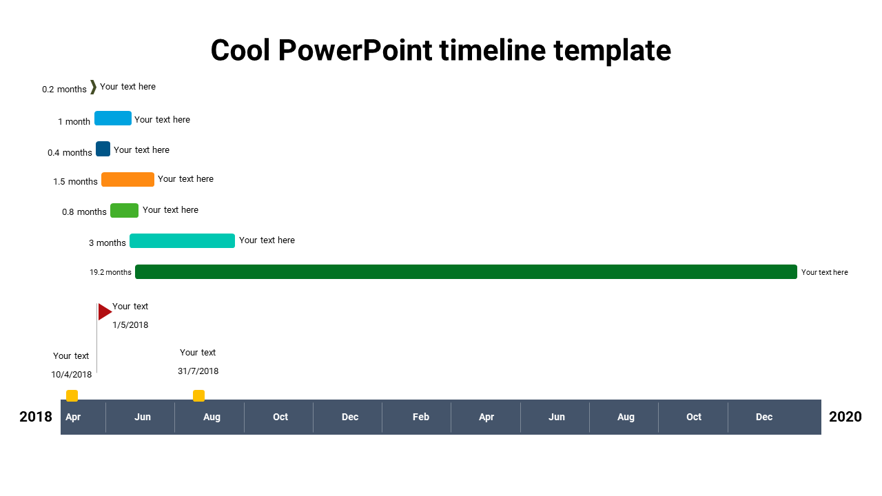 A colorful timeline PPT template, showing project durations in months from April 2018 to December 2020 on a white backdrop.