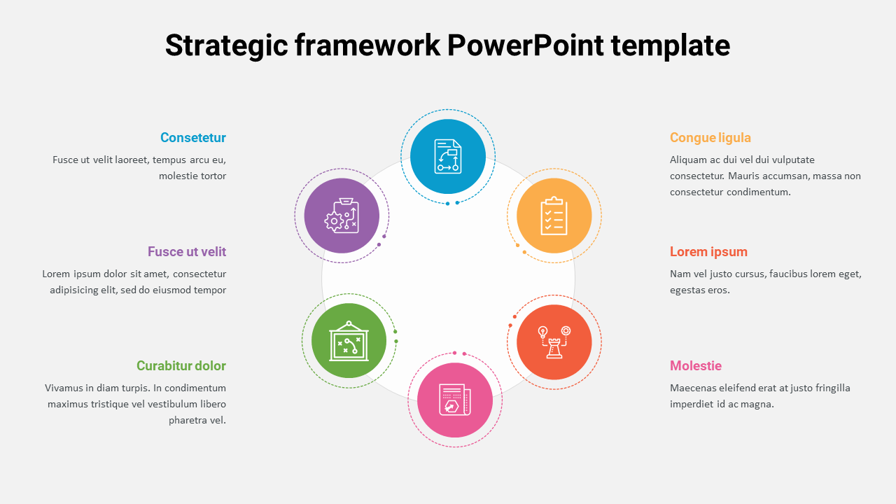 A multi colour circular diagram and six sections for strategic framework with each having an icon and placeholder text.