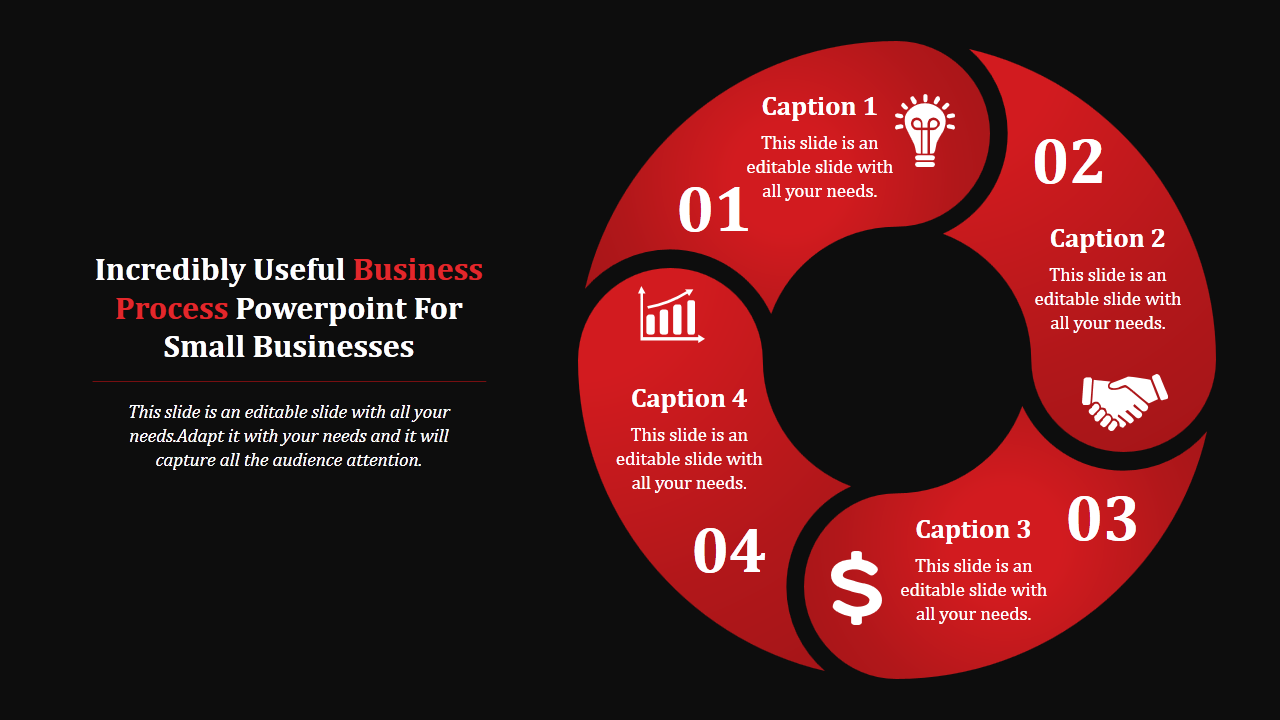 PowerPoint slide with a circular business process design, using red and black colors with four sections.