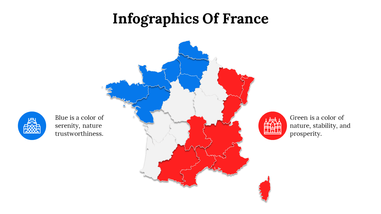 Infographic of France highlighting regions in blue, red, and white, with explanations about the symbolism of colors.