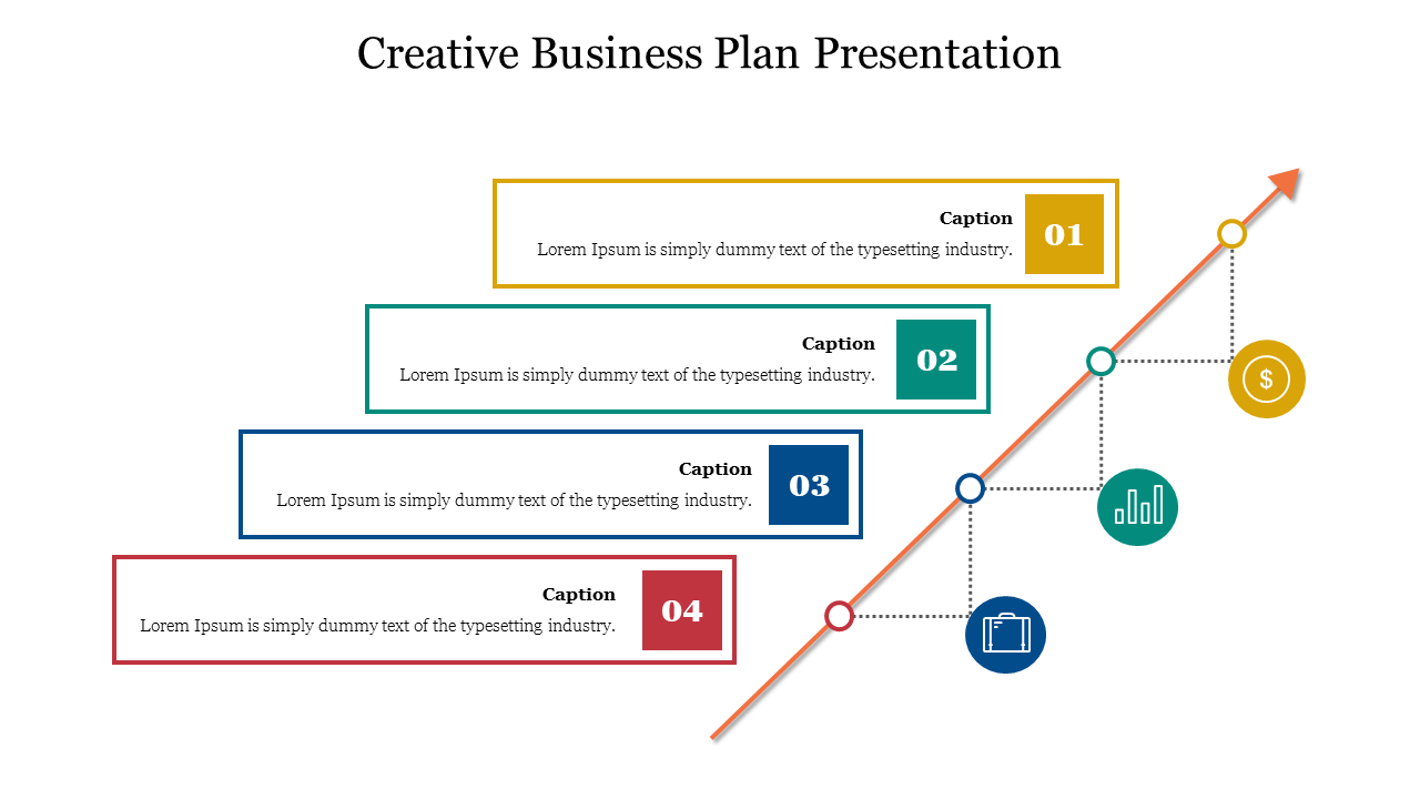 Business plan slide with four numbered colorful boxes, connected by a rising arrowed line, featuring icons.