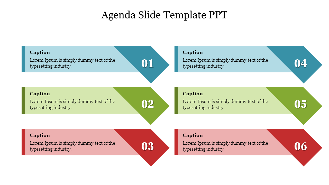 Agenda slide template PPT with six numbered sections and captions in different colors: blue, green, red