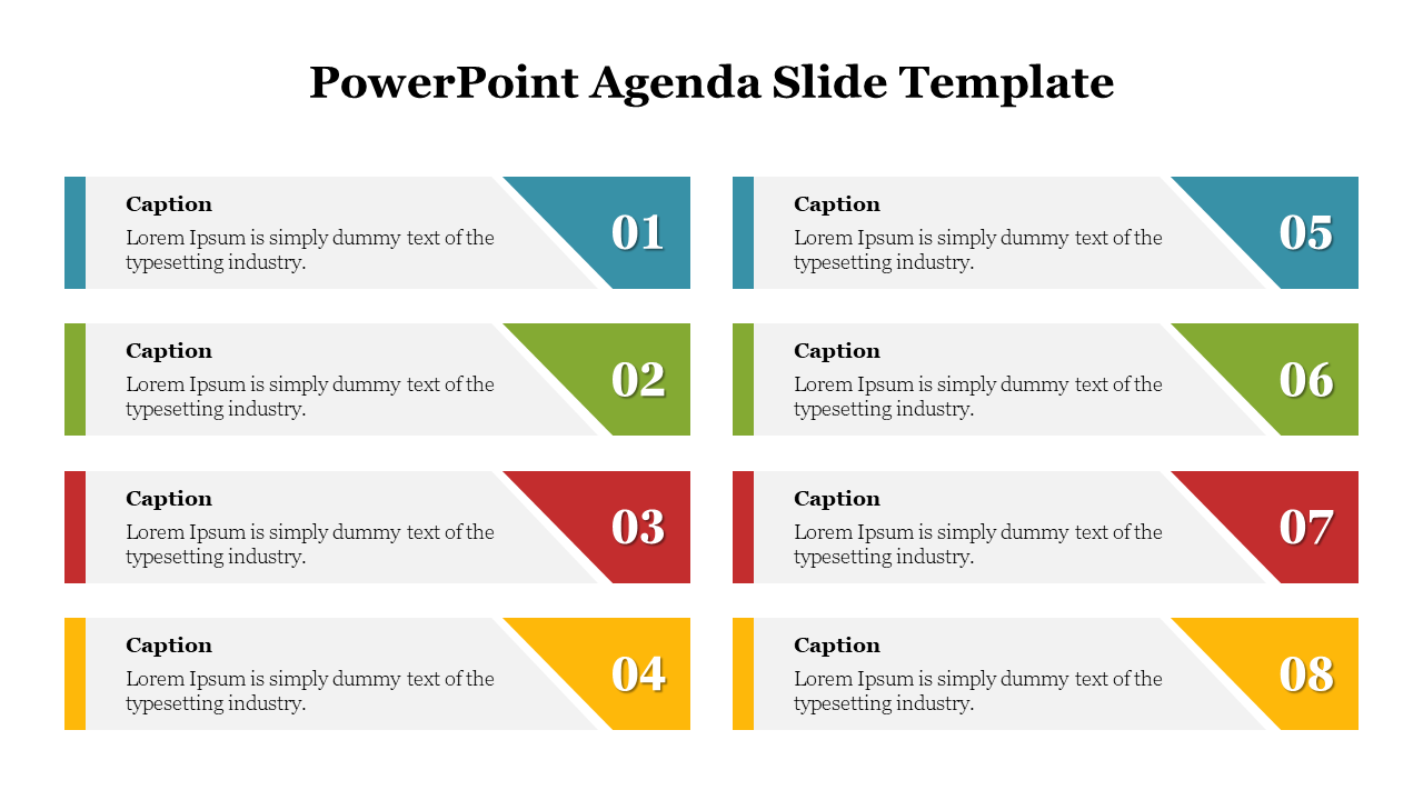 Vibrant agenda template for PowerPoint featuring eight numbered and captioned segments with different colors