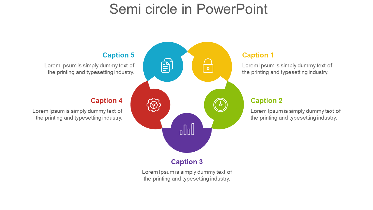 PowerPoint template with a semi circle diagram featuring five colorful sections and captions on a white theme.