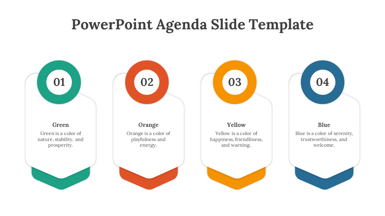 Agenda slide featuring four steps with colored labels: green, orange, yellow, and blue, each with corresponding descriptions.