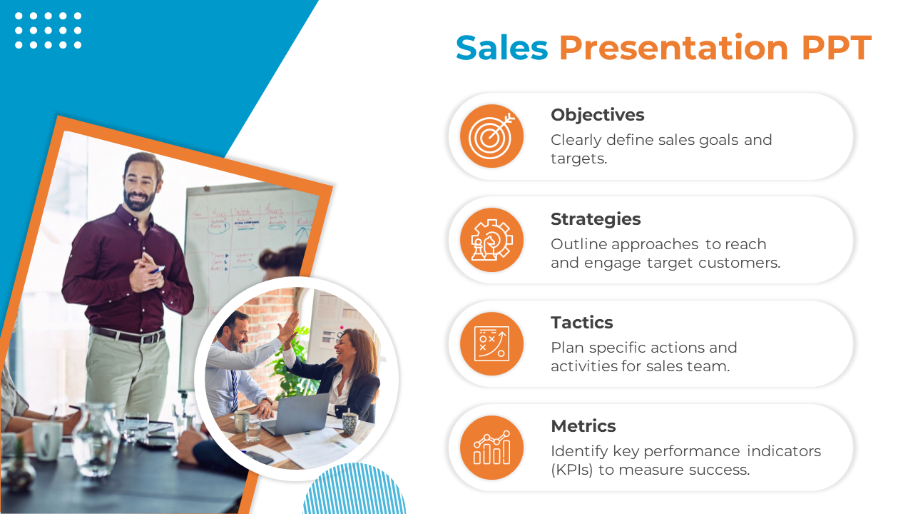 Professional sales template with orange and blue accents, showing a presenter and team discussion with outlined goals.