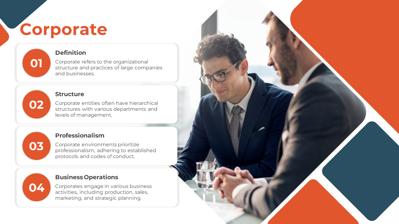 Corporate layout with text boxes numbered 01 to 04, and a business meeting photo with orange and blue diamond shapes.