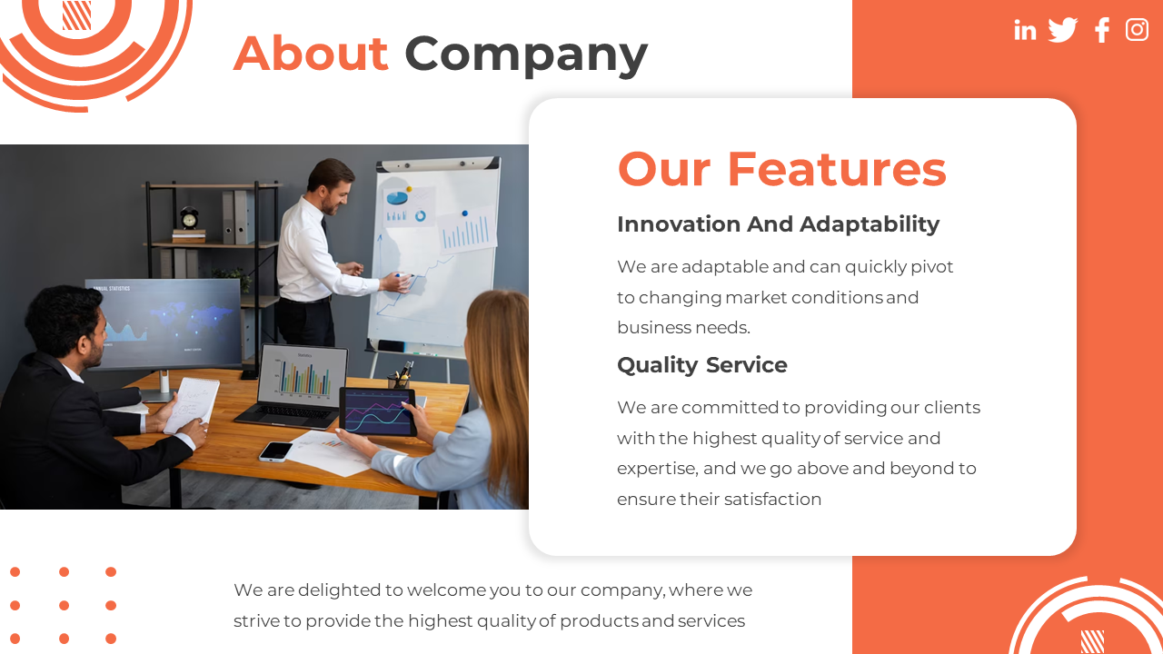 Company slide with orange accents and text blocks on white backdrop, and a team discussing ideas on a screen board.