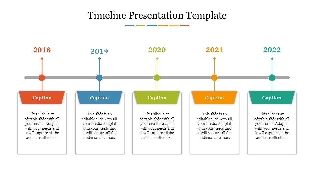 Timeline template with milestones for the years 2018 to 2022 and colored text boxes for details below.