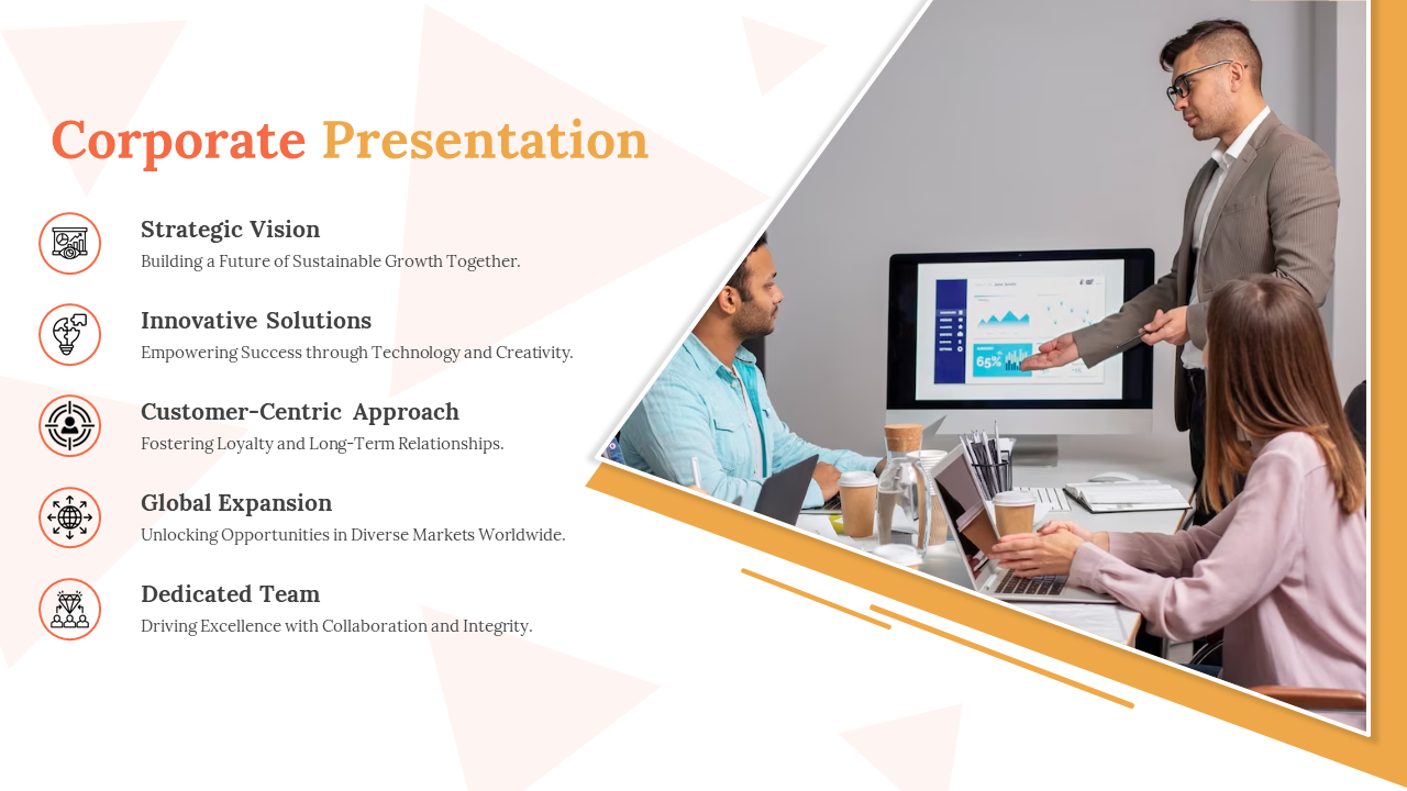 Professional slide featuring an orange theme, bullet points, and a team discussion image in a triangular frame.