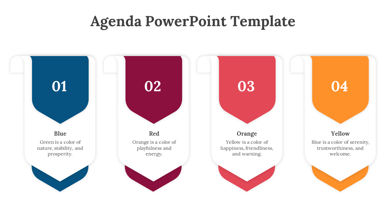 Agenda slide with four vertical banners in blue, red, orange, and yellow displaying numbered sections.