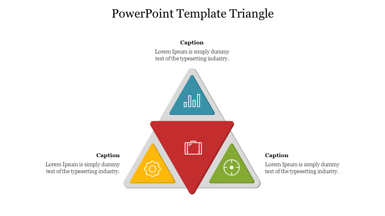 A triangle PowerPoint template with three sections, each containing an icon and a caption for different concepts.