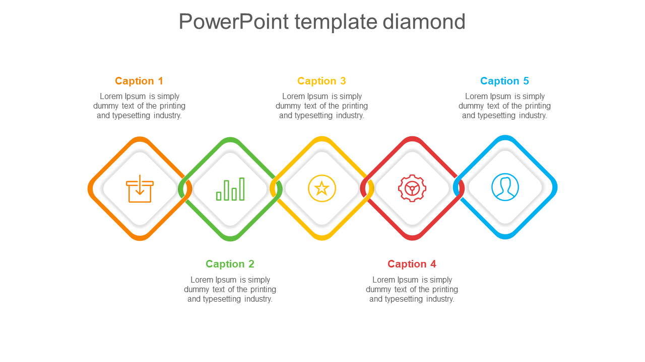 Five interconnected diamond shapes in orange, green, yellow, red, and blue with icons inside, aligned horizontally.