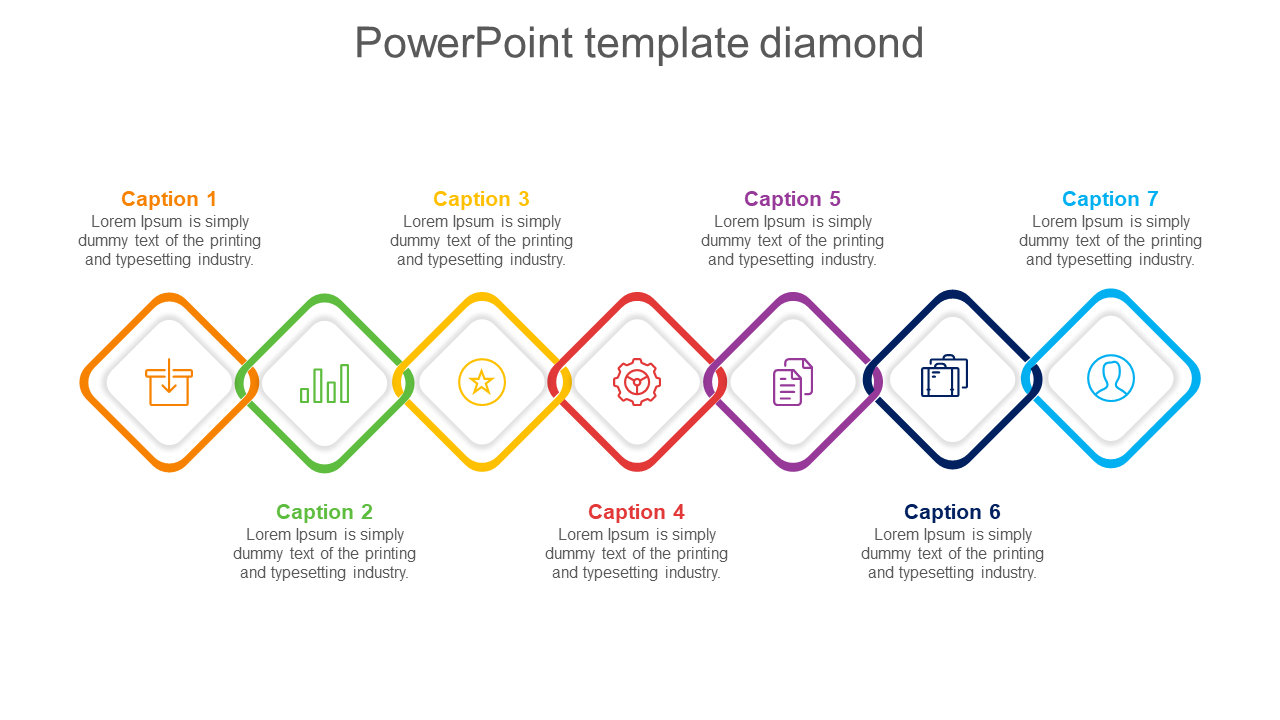 Seven diamond-shaped icons in a horizontal row, each connected to placeholder captions, in various colors.