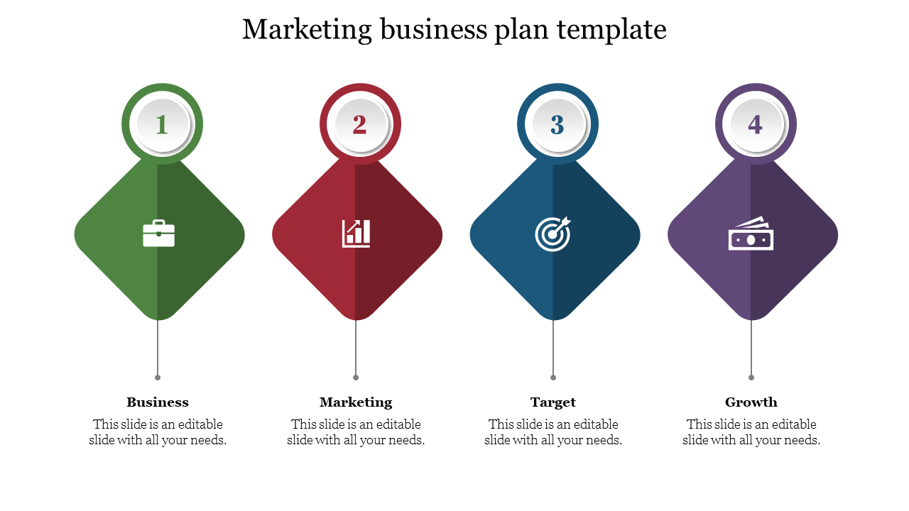 Marketing business plan template with four colorful diamond segments and icons representing key steps.