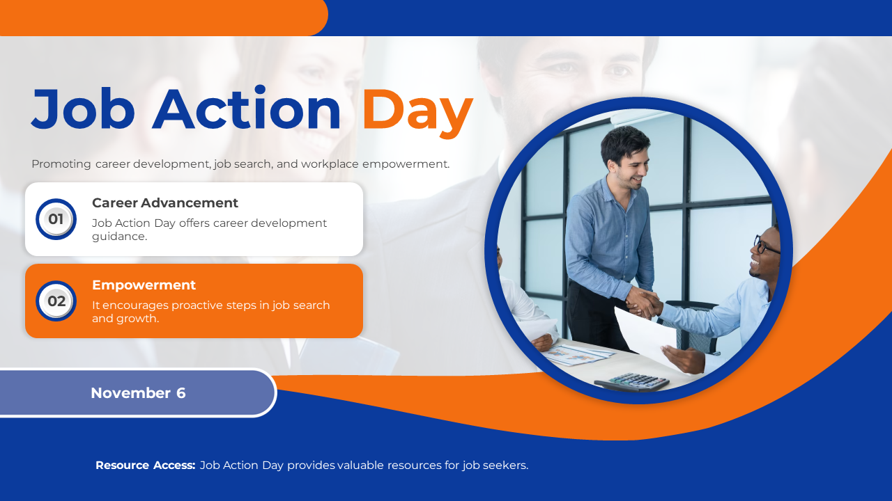 Job action day slide with blue and orange accents, featuring circular photo of professionals shaking hands, and two captions.