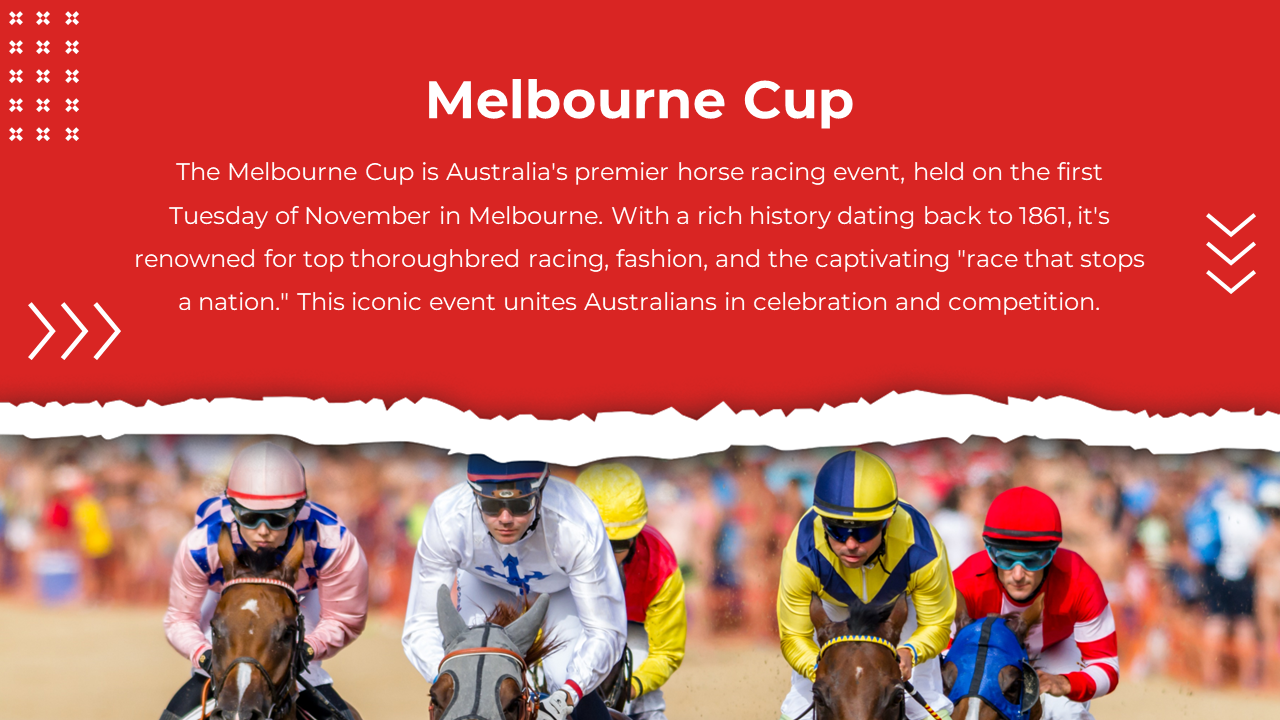 A slide for the Melbourne Cup, with text detailing the event's significance and a photo of horse racing action.