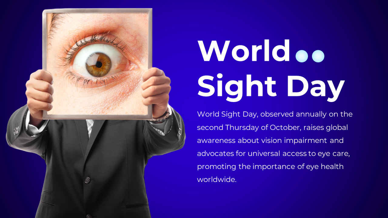 World Sight day presentation slide with an enlarged eye image and information on promoting global eye health awareness.