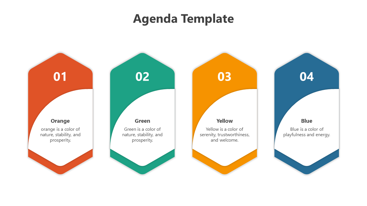 Agenda PPT slide with colorful numbered blocks featuring descriptions of colors like orange, green, yellow, and blue.