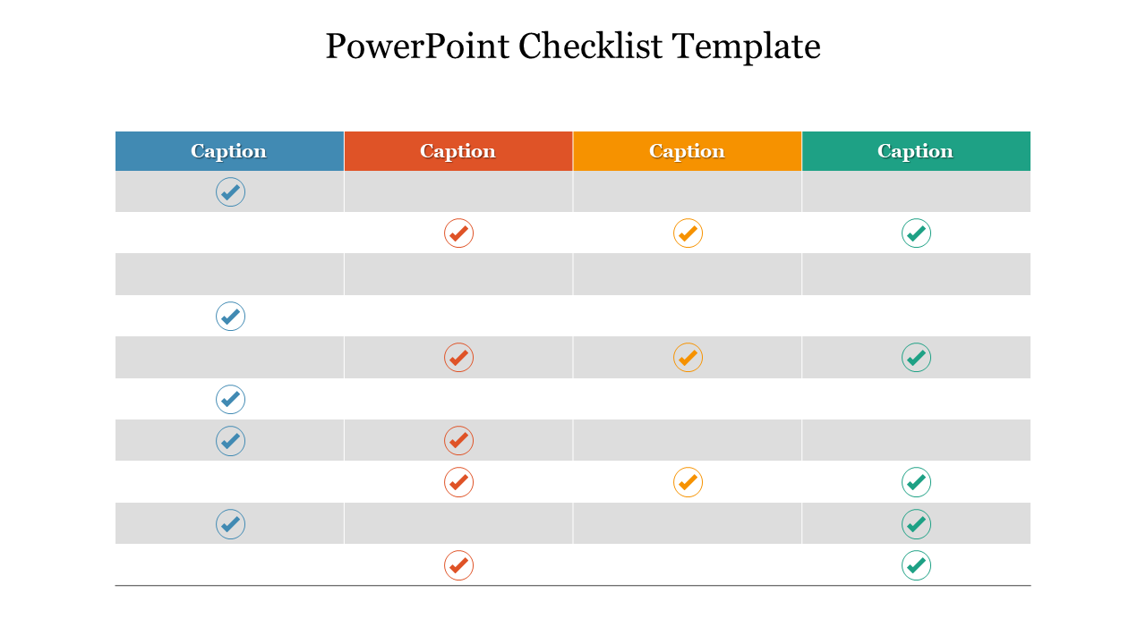 Table style checklist slide with four colored columns and multiple rows, featuring checkmarks and empty spaces.