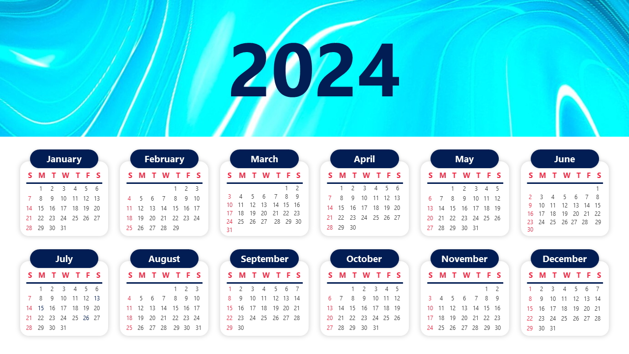 A 2024 calendar with a blue abstract background and monthly grids displayed in two rows beneath the year.