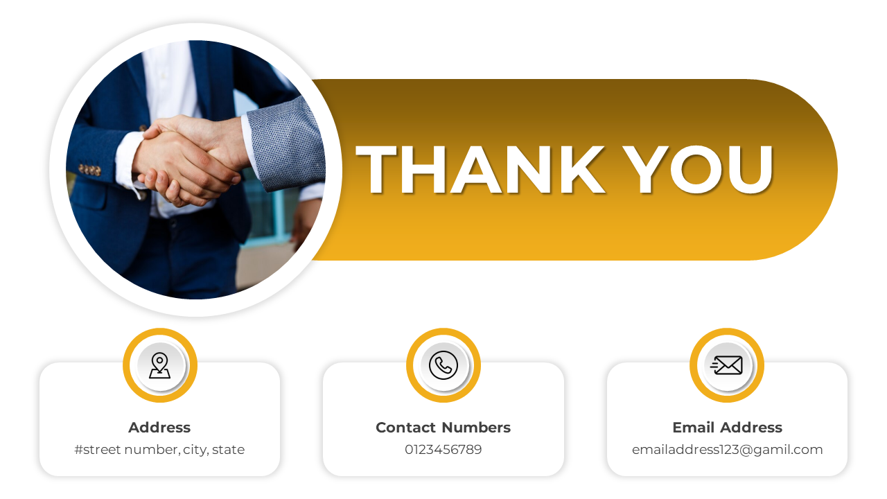 Thank you slide with handshake image and contact details, including address, phone number, and email.