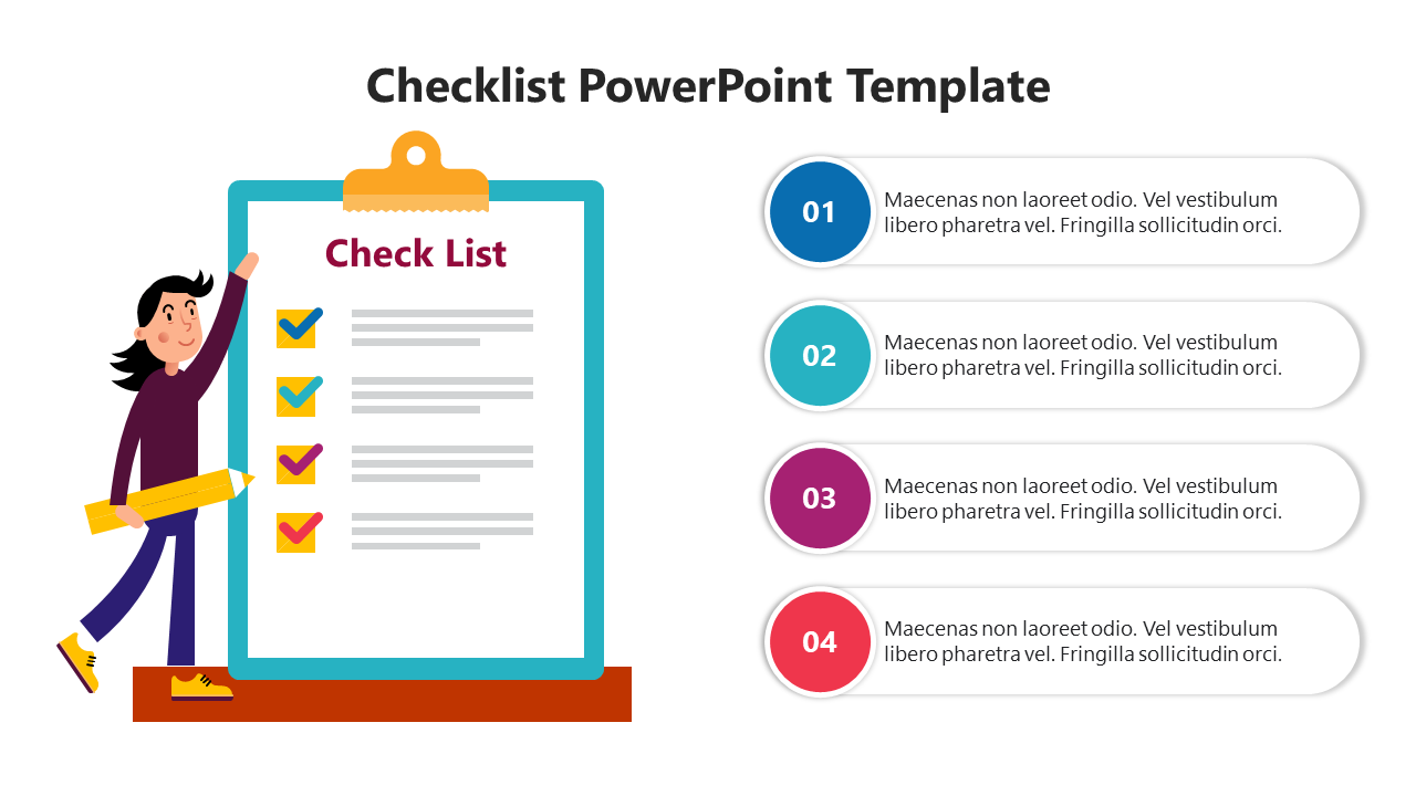 Checklist-themed slide with a clipboard and checked items, next to a numbered list of four colored steps.