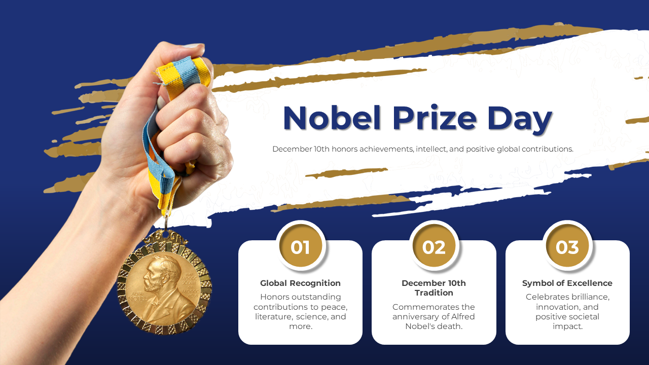 A hand raising a Nobel Prize medal in front of a blue and gold background, with three numbered text boxes below.