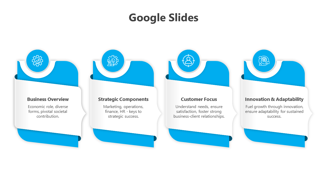 Four step business slide with blue circular icons and curved white text sections under each category.