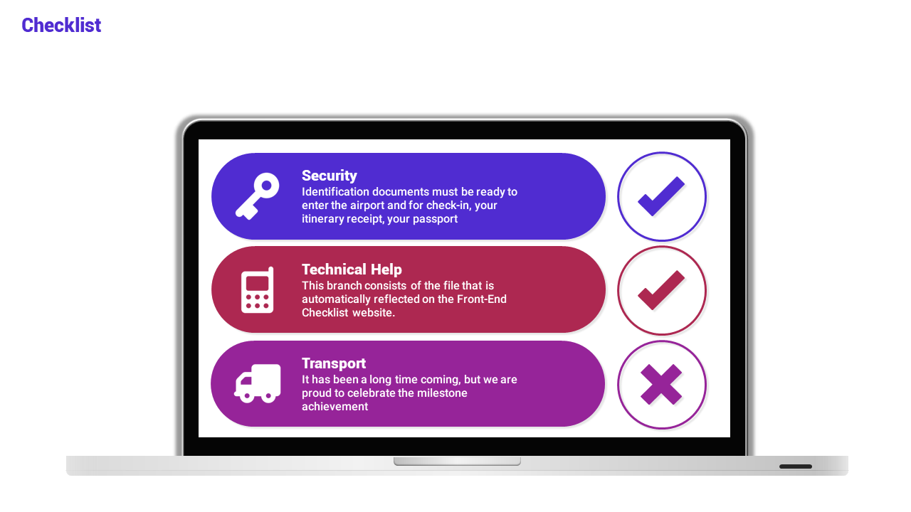 A slide featuring a checklist on a laptop, color-coded sections with key icons and status markers.