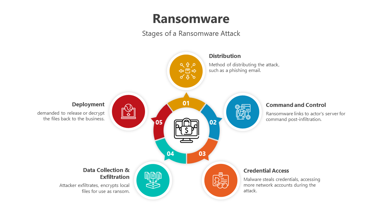 Colorful circular infographic slide illustrating stages of a ransomware attack from distribution to deployment with icons.