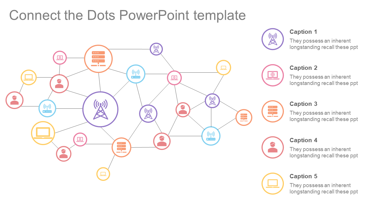 Network diagram style slide with connected icons for various tech devices and servers in colorful circles with captions.