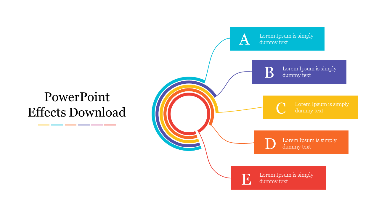 Five-section multicolored circular infographic with placeholder labels for various effects.