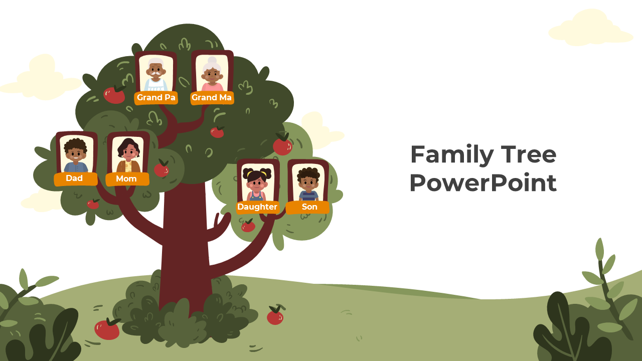 Illustration of a family tree with portraits of family members hanging on a tree.