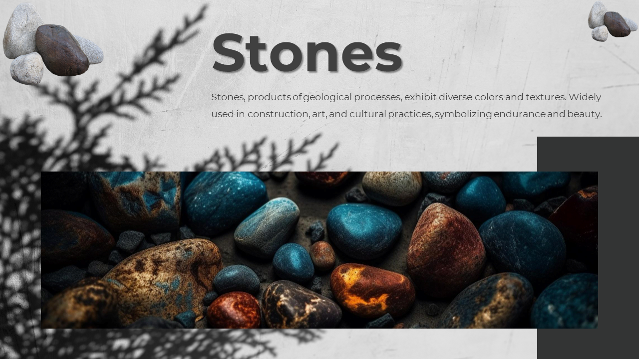 Gray background with shadowed branches and colorful stones in focus below, with description text at the top.