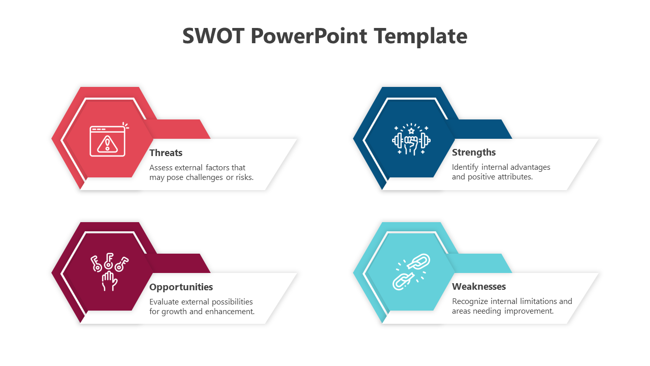 SWOT template with red, blue, maroon, and cyan hexagon blocks representing threats, strengths, opportunities, and weaknesses.