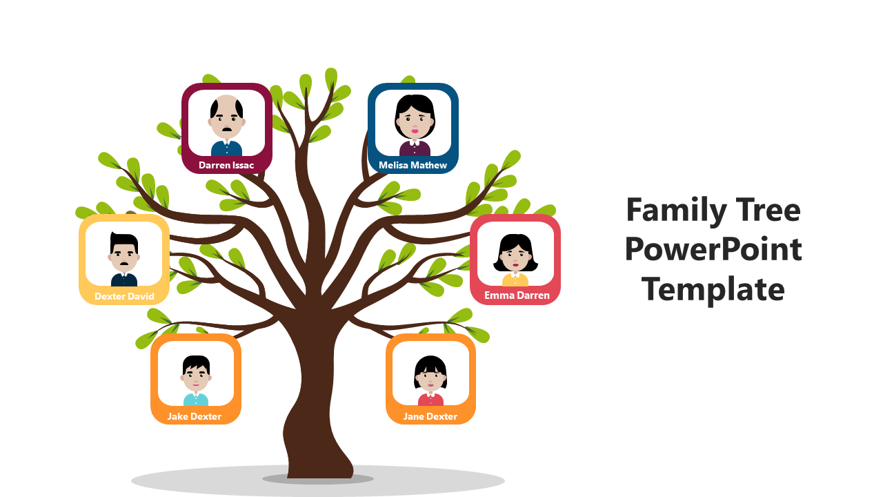 Family tree illustration with six framed portraits hanging from branches, and text on the right against a white background.