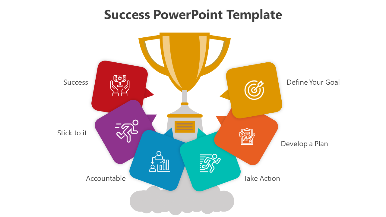 Success PowerPoint slide with a trophy at the center and five key steps from success to take action with colorful icons.