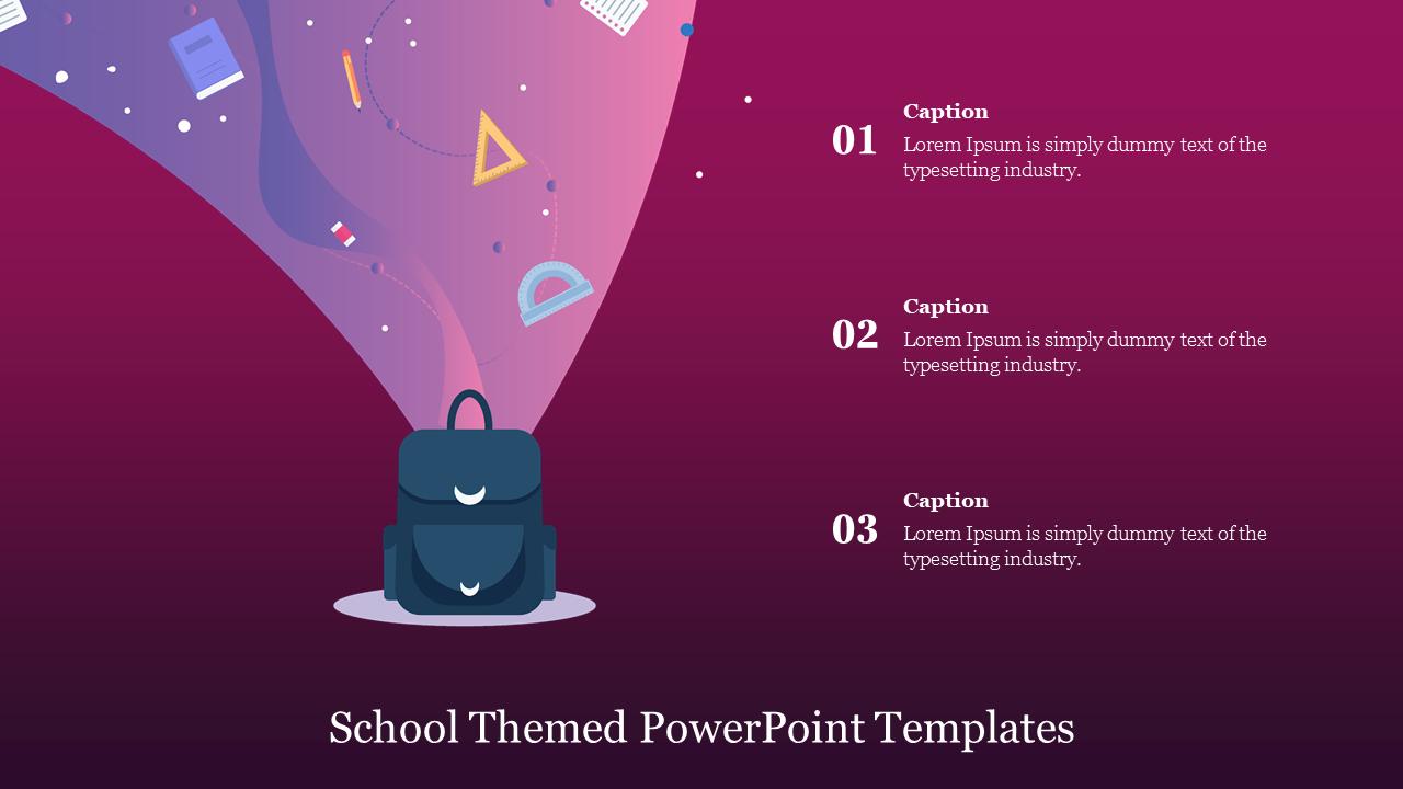 A school themed PowerPoint slide with a backpack illustration and floating school related items, such as pencils and rulers.