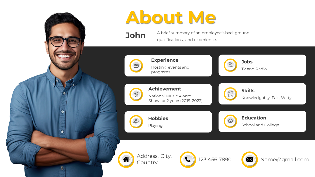 Slide featuring a smiling man with details about me experience, achievements, skills, hobbies, and contact information.