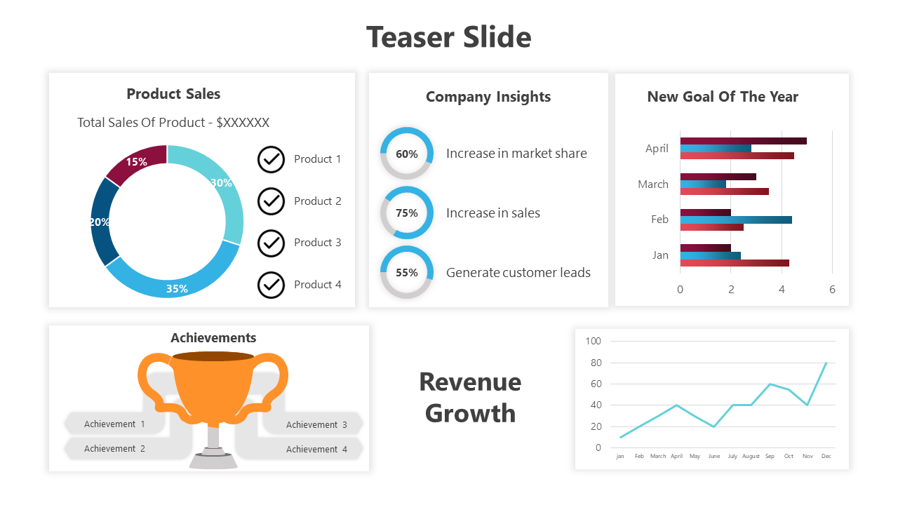 Teaser slide with a colorful pie chart, bar graph, orange trophy, and a blue line graph, showing different data visuals.