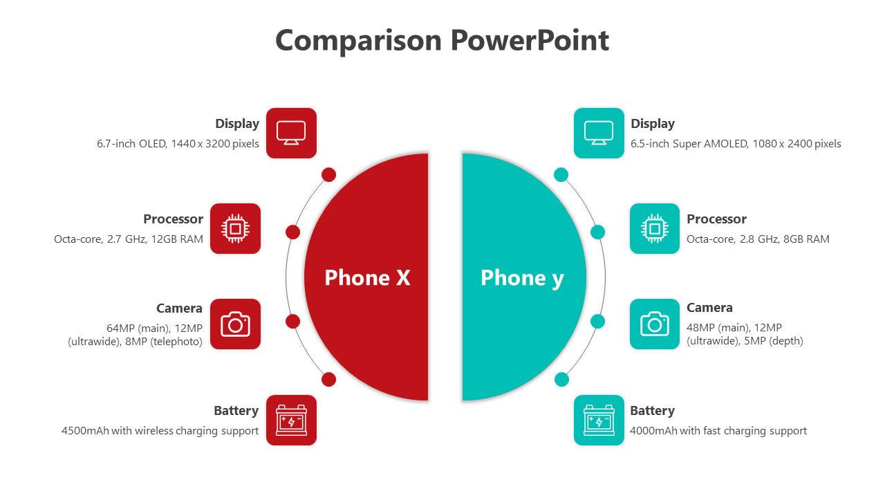 A split design with red and teal semi-circles, with four matching icons arranged in a symmetrical layout.