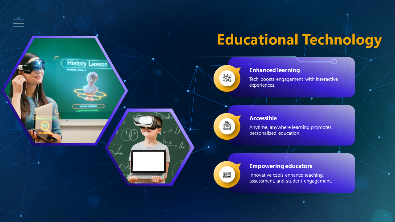 An infographic slide about educational technology, displaying hexagonal images of students with icons and text descriptions.