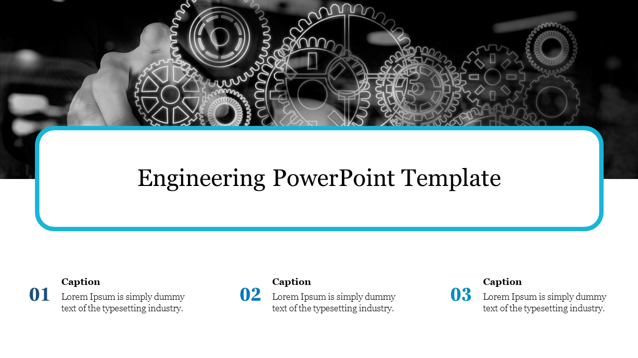 Monochrome gears as a backdrop with a blue bordered title box in the middle and three numbered captions at the bottom.