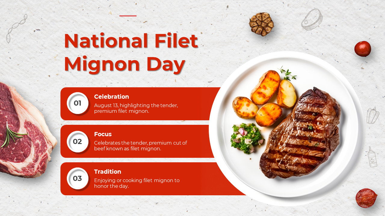 National Filet Mignon day slide featuring a grilled steak with roasted potatoes and greens, celebrating premium beef cuts.