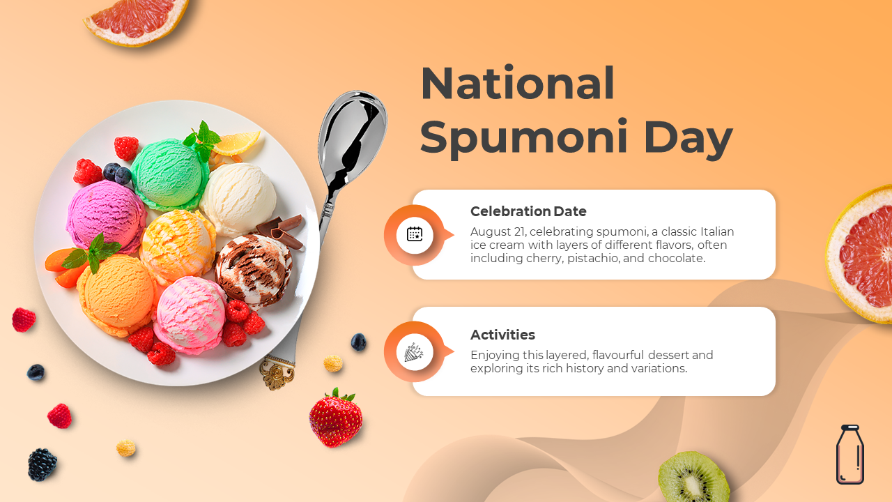 A plate of colorful ice cream scoops with fresh fruit on an orange gradient background, celebrating national spumoni day.