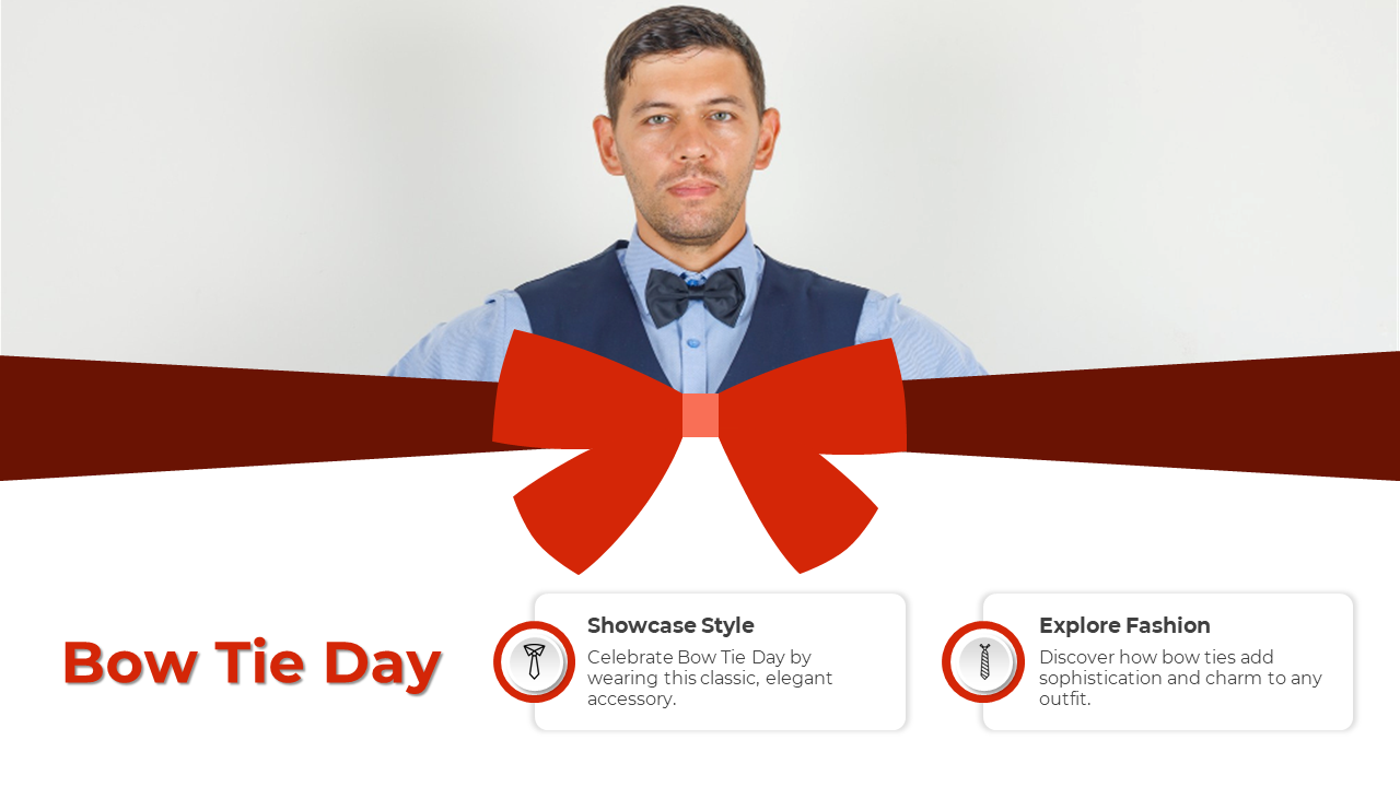 Bow tie day celebration poster featuring a stylish man in a navy vest, a red bow graphic, and two fashion tip boxes.